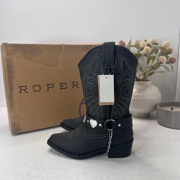Roper Shoes - Roper Dale Faux Leather Snip Toe Heart Harness Western Boots Black Kids 10 NWB